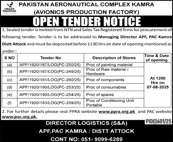 Pakistan Aeronautical Complex Kamra Tender Notice
